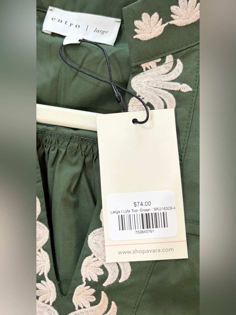 NWT SZ L ENTRO Olive Green Lyla Puff-Sleeve Embroidered V-Neck Blouse - Picture 3 of 7